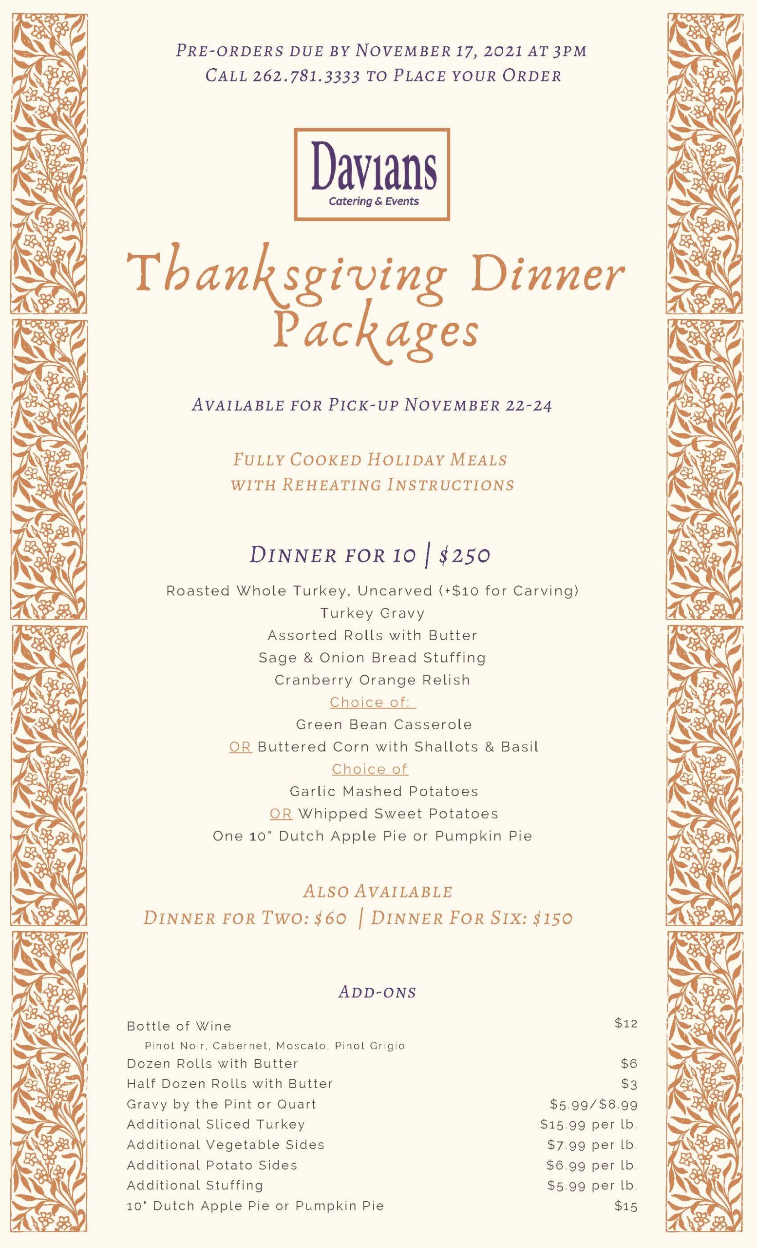 Davians' Thanksgiving 2021 Dinner Packages Davians